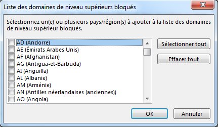 Boîte de dialogue Liste des domaines de niveau supérieur bloqués