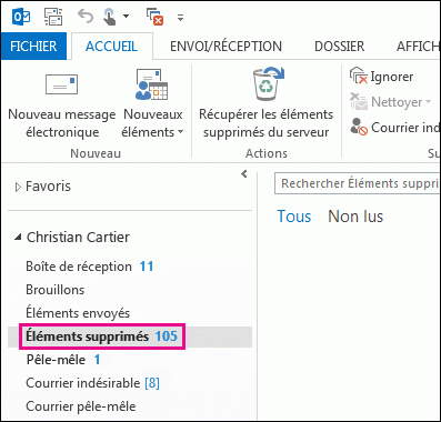 Cliquez sur Éléments supprimés dans la liste des dossiers