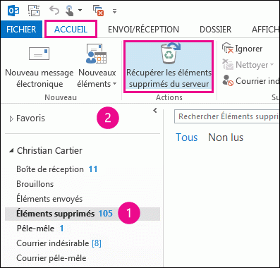 Sélectionnez le dossier Éléments supprimés et cliquez sur Récupérer les éléments supprimés du serveur