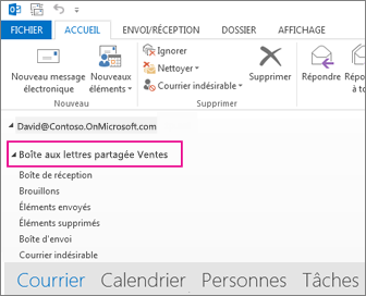 Une boîte aux lettres partagée apparaît dans la Liste des dossiers d’Outlook