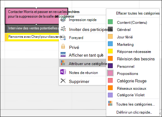Vous pouvez cliquer avec le bouton droit sur un rendez-vous et affecter une catégorie.