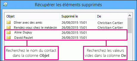 Trier sur la colonne Objet ou De pour rechercher des contacts