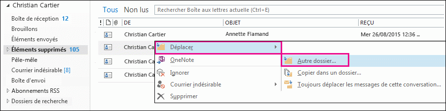 Cliquer sur Déplacer, puis sur Autre dossier