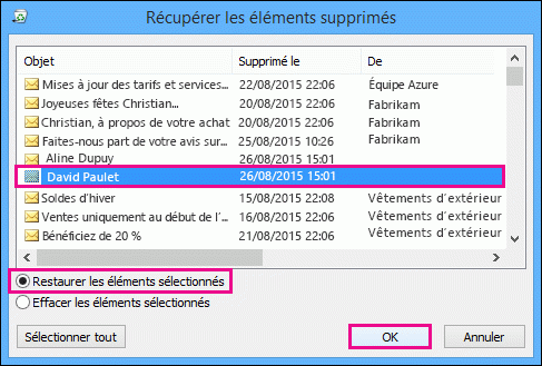 Sélectionnez un contact à restaurer, puis cliquez sur OK