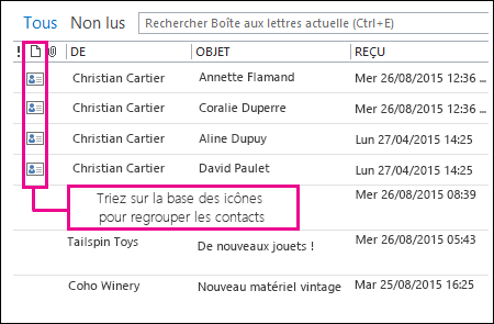 Trier par icône pour regrouper les contacts dans le dossier Éléments supprimés