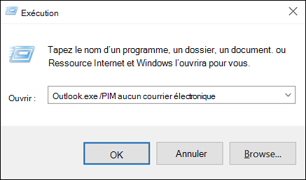 Utiliser la boîte de dialogue Exécuter pour créer un profil sans e-mail