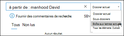 Menu Étendue de recherche avec Boîte aux lettres actuelle sélectionnée.