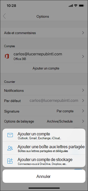 Ajouter un compte à l’application Outlook