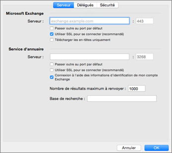 Paramètres de serveur d'un compte Exchange