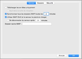 Paramètres serveur de compte IMAP dans Outlook 2016 pour Mac