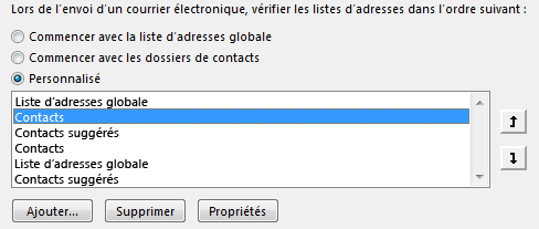 Vous pouvez définir l’ordre dans lequel Outlook accède à vos carnets d’adresses en utilisant les flèches.