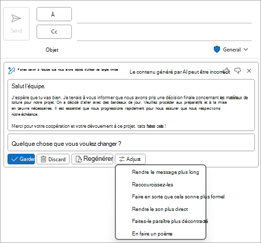 Affiche la page de messagerie Outlook Classic, avec un brouillon Copilot et les options Ajuster affichées.