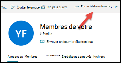 Le groupe carte dans Outlook.com avec une flèche pointant vers le haut et vers la droite vers Exporter la boîte aux lettres du groupe.