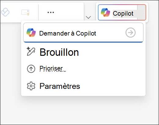 Menu Copilot dans Outlook.