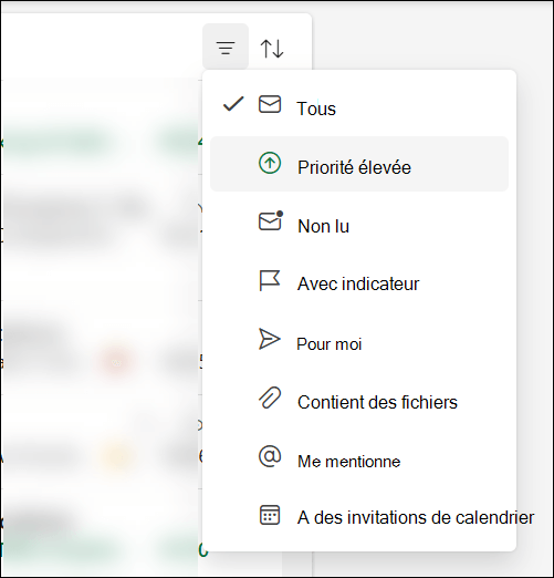 Menu de filtre de messages dans Outlook montrant que la priorité élevée est une option.