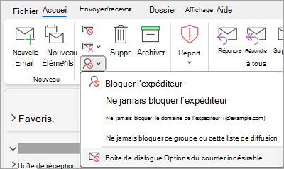 Capture d’écran montrant la liste déroulante Bloquer l’expéditeur avec les options de courrier indésirable sélectionnées