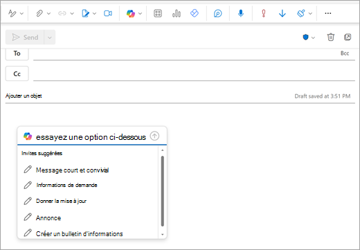 Affiche la page Nouveau courrier Outlook avec une fenêtre d’invite ouverte dans laquelle vous commencez normalement à taper votre courrier électronique.