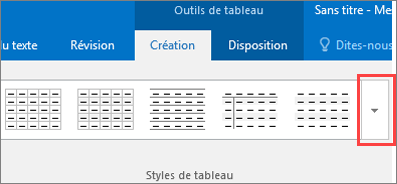 Capture d’écran des 6 premiers styles de tableau et du bouton Autres permettant d’afficher tous les styles de tableau.