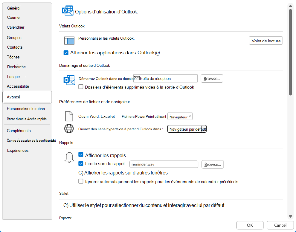 Onglet Avancé dans la boîte de dialogue Options Outlook.