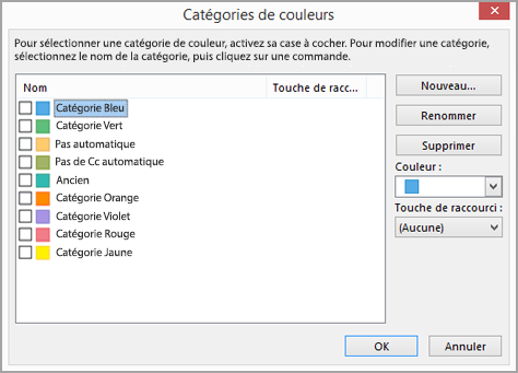 Boîte de dialogue Catégories de couleurs