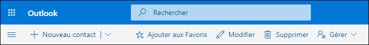 Capture d’écran affichant les options disponibles dans la barre de commandes Contacts, y compris Nouveau contact, Modifier, Supprimer, Ajouter aux favoris et Gérer.