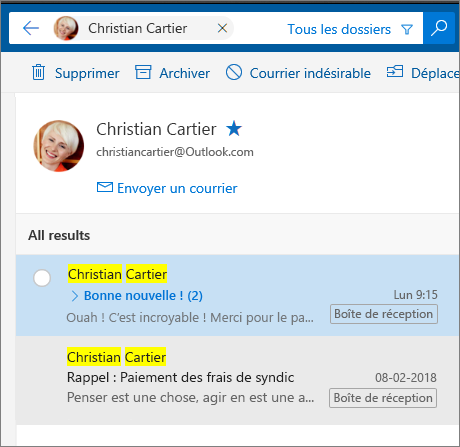 Rechercher une personne pour afficher tous les courriers qui lui sont associés