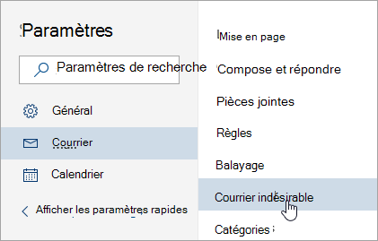 Capture d’écran du menu Paramètres avec courrier indésirable sélectionné