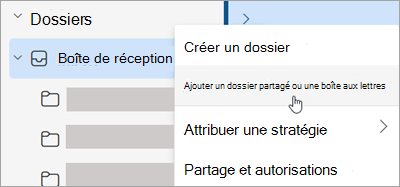 Capture d’écran montrant la sélection pour Ajouter un dossier ou une boîte aux lettres partagés