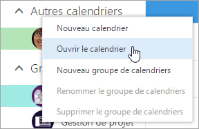 Capture d’écran du menu contextuel pour Autres calendriers, avec Ouvrir le calendrier sélectionné.