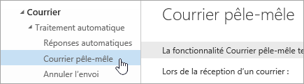Capture d’écran du curseur au-dessus de Courrier pêle-mêle dans le menu Paramètres.