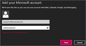 Page Ajouter votre compte Microsoft de l’application Courrier de Windows 8