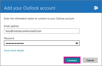 Page Ajouter votre compte Outlook de l’application Courrier de Windows 8