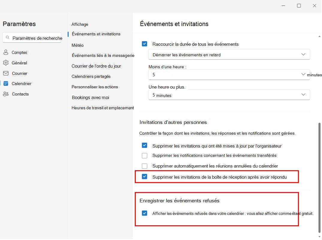 Capture d’écran montrant la conservation des réunions refusées dans le calendrier