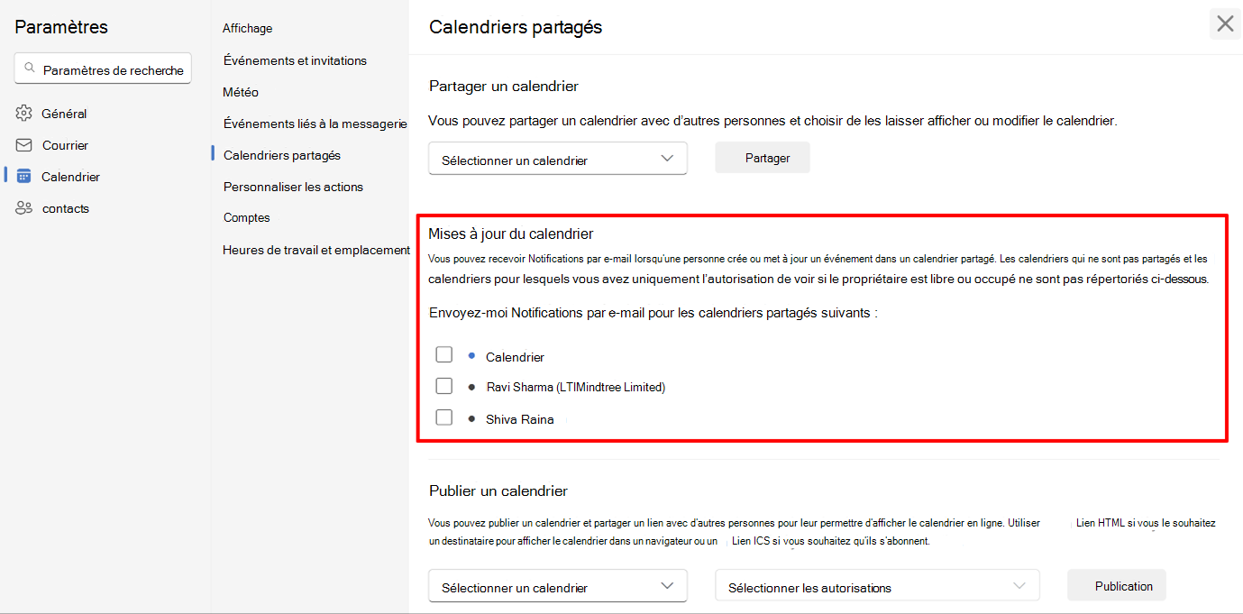 Capture d’écran montrant les utilisateurs à choisir les notifications de calendrier