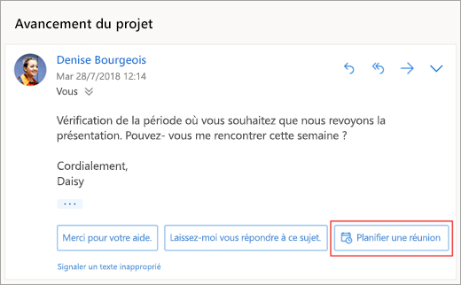 Capture d’apos;écran de la réponse suggérée à la planification d’une réunion