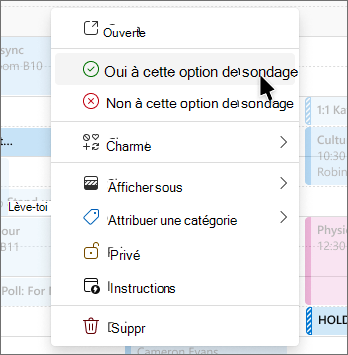 Menu contextuel sur une conservation de sondage de planification avec des options de vote