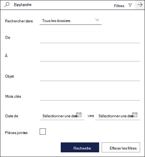 Zone de recherche dans Outlook sur le web affichant les filtres disponibles