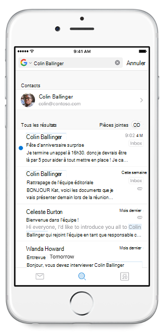 Affiche un écran mobile, avec la barre de recherche en haut et un nom tapé. Les résultats de la recherche se trouvent sous la barre de recherche.