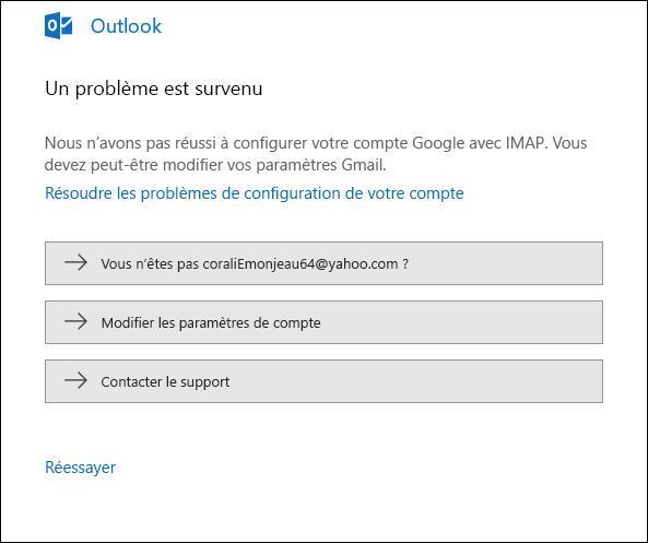 Un problème a été rencontré lors de l’ajout d’un compte de courrier dans Outlook.