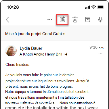 Icône de synthèse Copilot pour résumer la conversation dans iOS et Android.