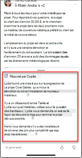 Résumé d’un e-mail de Copilot dans iOS et Android