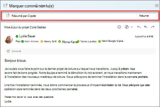Sélectionnez Résumer pour Copilot afin de créer un résumé d’un fil de messagerie.