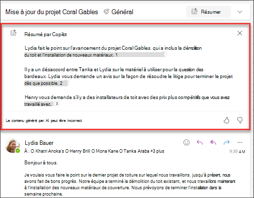 Résumé du fil de messagerie avec les citations créées par Copilot.