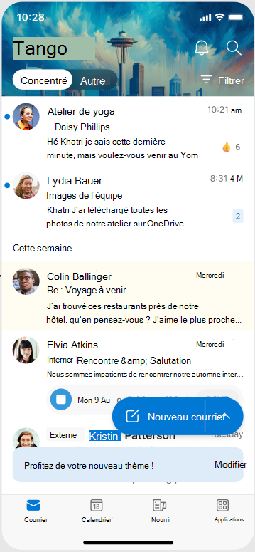 Écran montrant l’apparence d’un thème lorsqu’il est appliqué sur Outlook Mobile