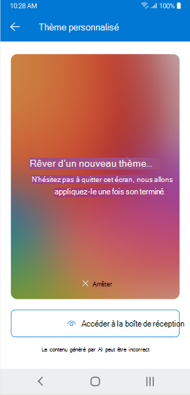 Écran montrant un thème généré par Copilot sur Outlook Mobile