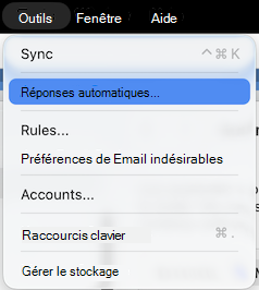 Menu Outils Réponses automatiques