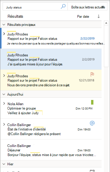Capture d’écran des résultats principaux dans Outlook pour Windows.