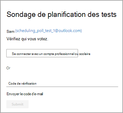 Option permettant de vérifier votre identité en vous connectant avec votre compte professionnel ou scolaire ou en entrant le code de vérification envoyé par e-mail.