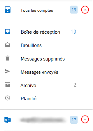 Affiche les dossiers Outlook, avec des flèches déroulantes encerclées sur le côté droit de l'écran.
