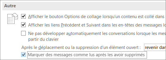 Case à cocher Marquer les messages comme lus lors de leur suppression de la boîte de dialogue Options d’Outlook